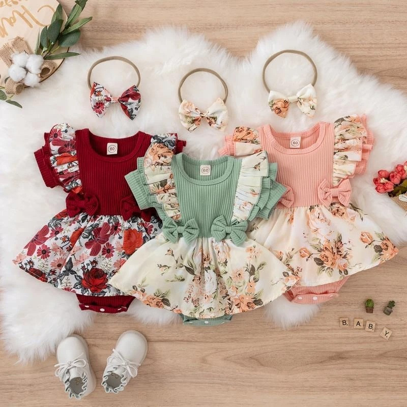 Baby Girl Floral Cotton Dress Romper with Bow Headband – Summer Newborn Outfit